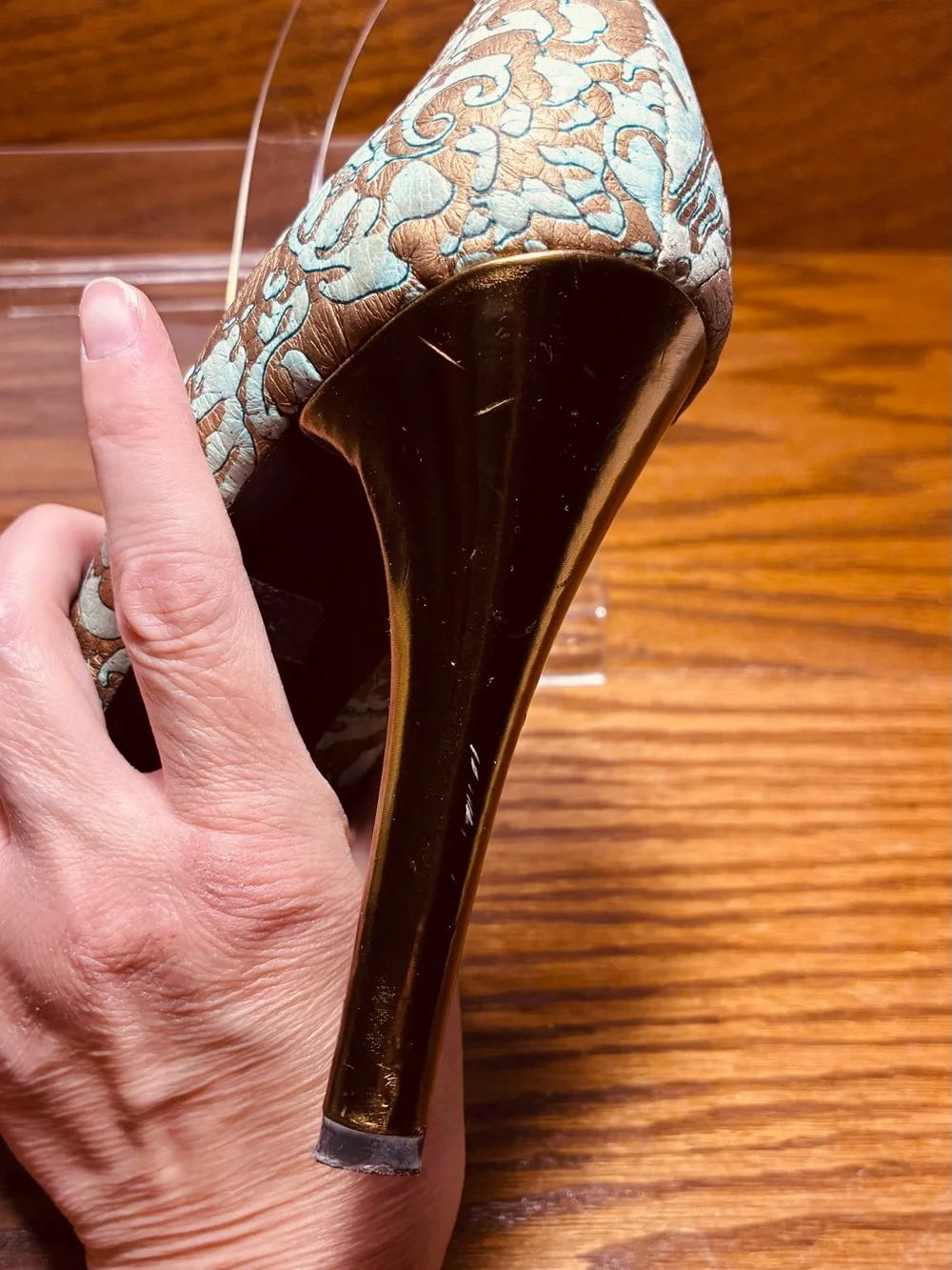 Y2K Vintage Hale Bob Embossed Leather Mary Jane Platform Heels Aqua Bronze Sz 8